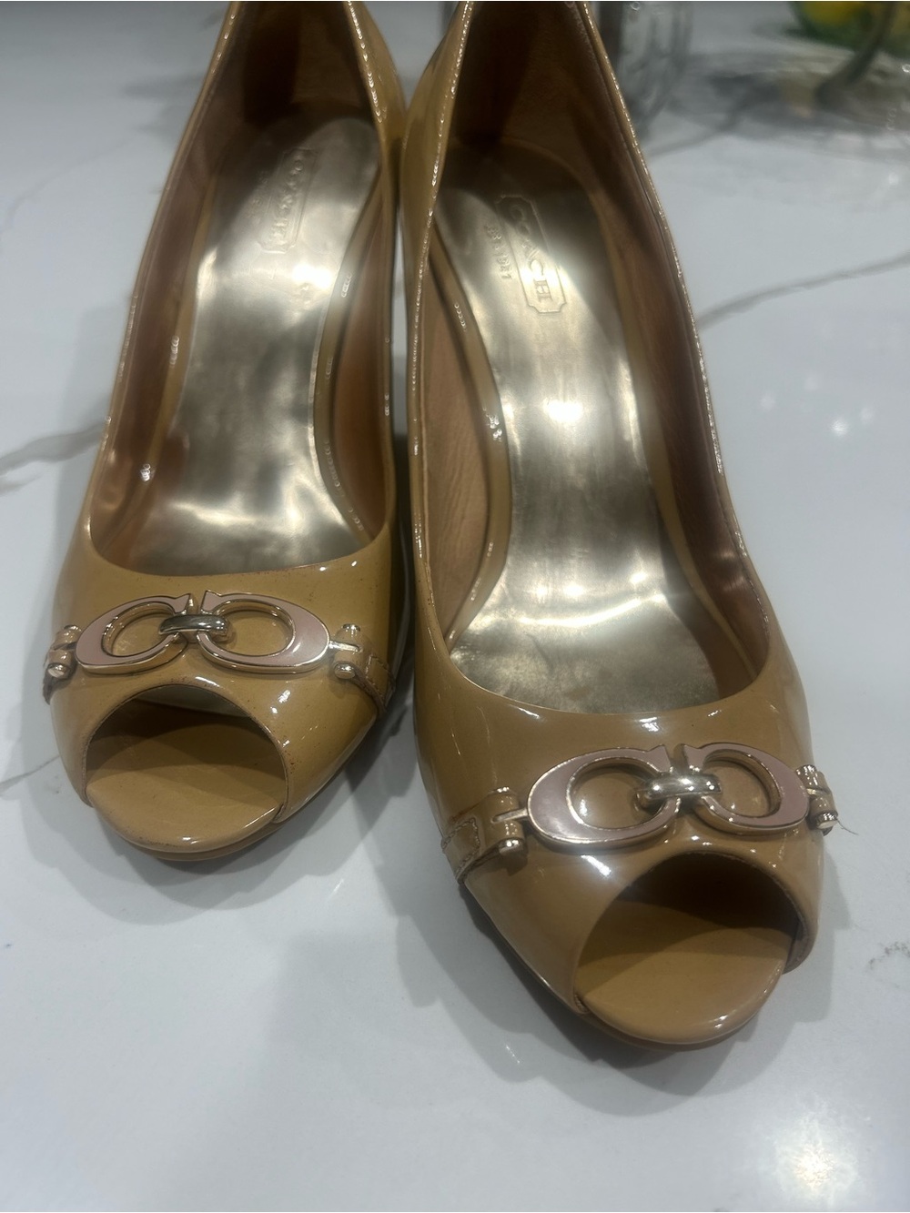 Coach Elora Patent Leather Peep-Toe Pumps in Camel/Tan with Logo Hardware - Picture 2 of 8